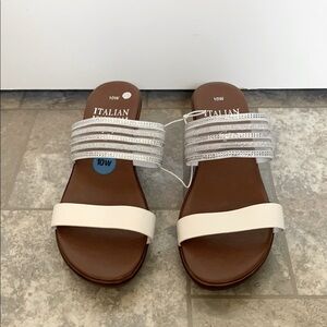 NWOT Italian Shoemakers Silver and White Diamond Studded Sandals with Wide Strap